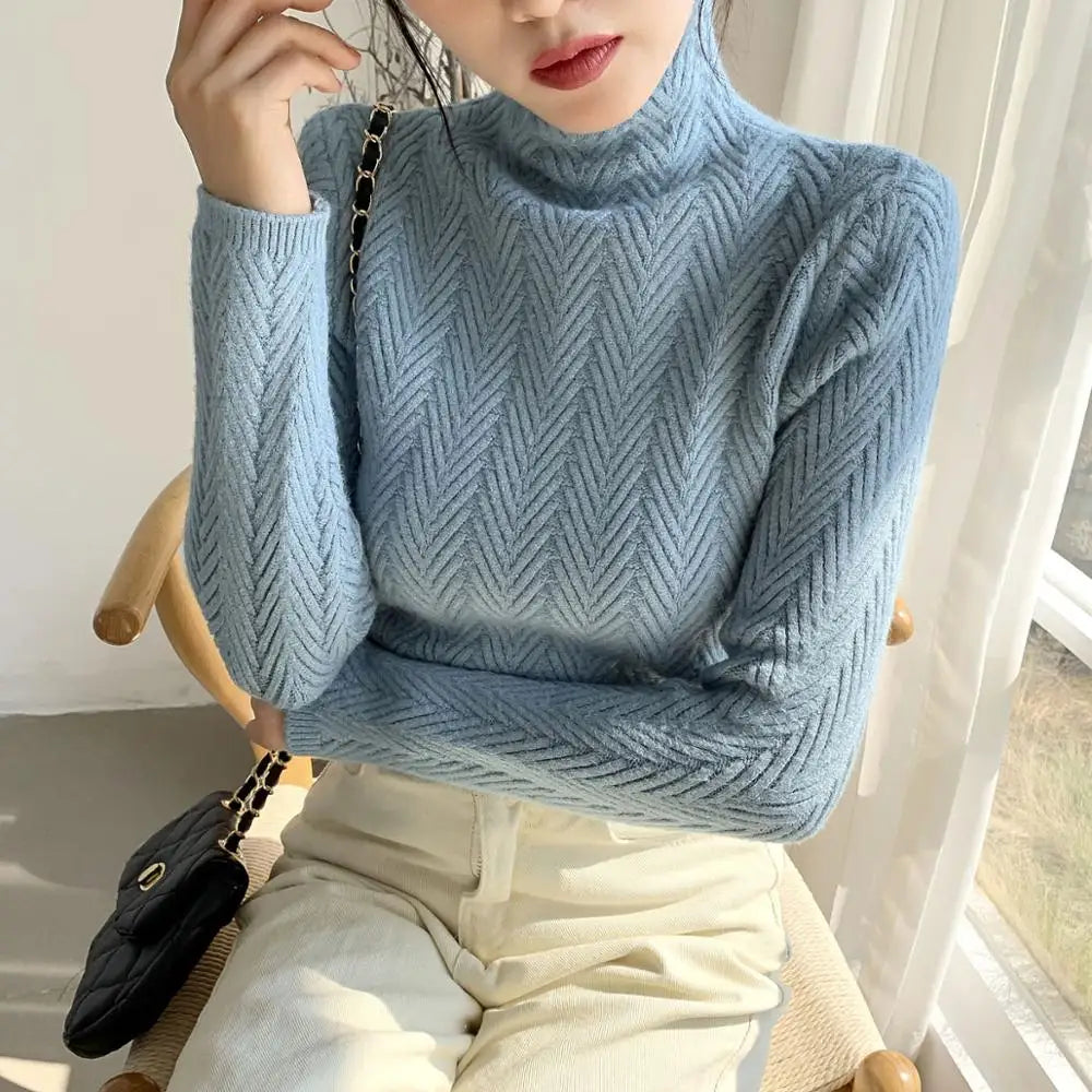 Autumn Winter New High-Neck Cashmere Sweater Ladies Sweater Long Loose Knit Pullover Shirt