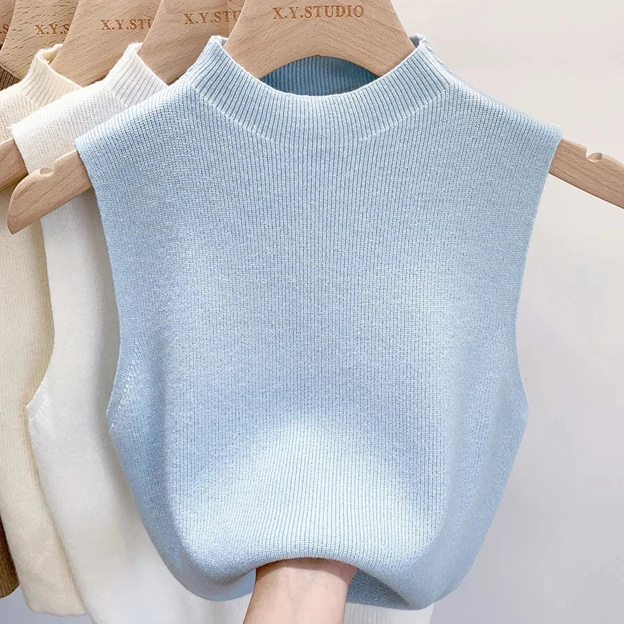Spring Autumn Temperament Knitted Sweater Vest Women's Half-turtleneck Camisole Cropped Top Sleeveless Tank Top