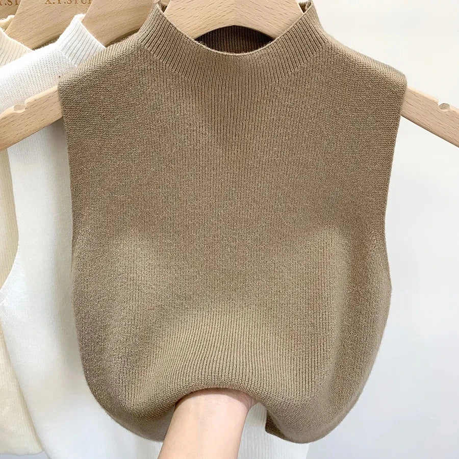 Spring Autumn Temperament Knitted Sweater Vest Women's Half-turtleneck Camisole Cropped Top Sleeveless Tank Top