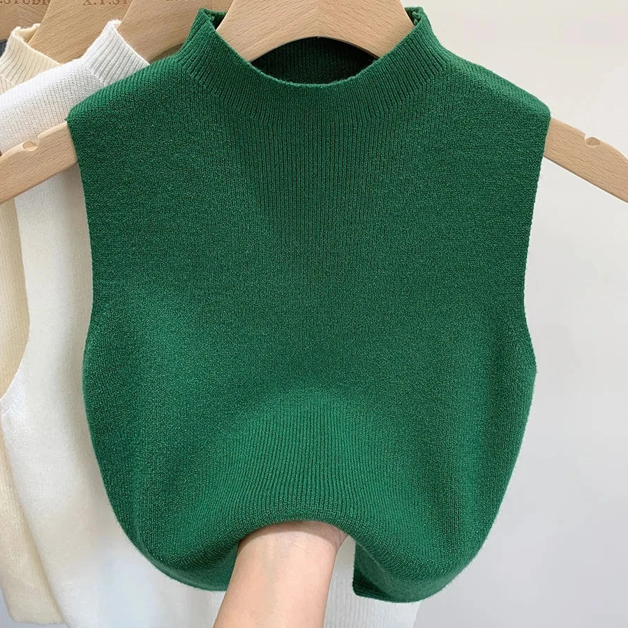 Spring Autumn Temperament Knitted Sweater Vest Women's Half-turtleneck Camisole Cropped Top Sleeveless Tank Top