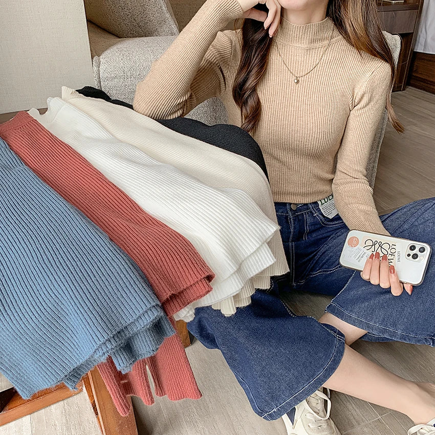 Tops Autumn Winter Mock Neck Women Sweater Vintage