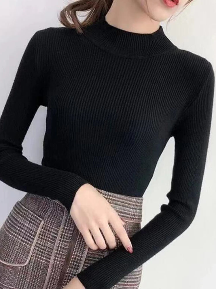 Tops Autumn Winter Mock Neck Women Sweater Vintage