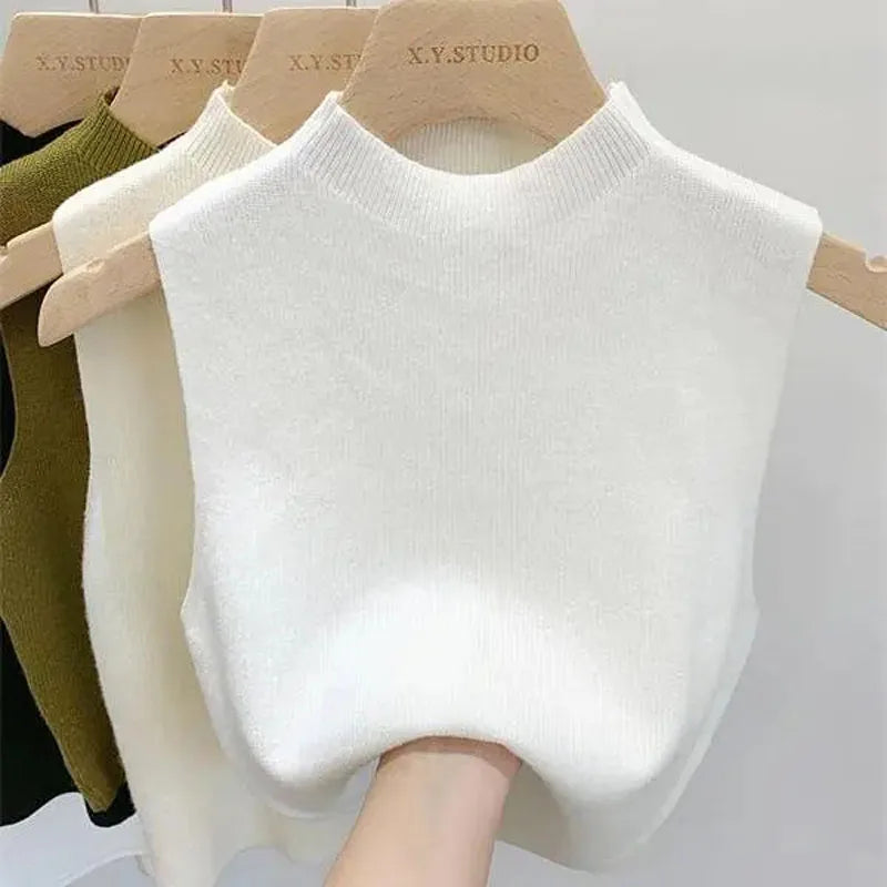 Spring Autumn Temperament Knitted Sweater Vest Women's Half-turtleneck Camisole Cropped Top Sleeveless Tank Top