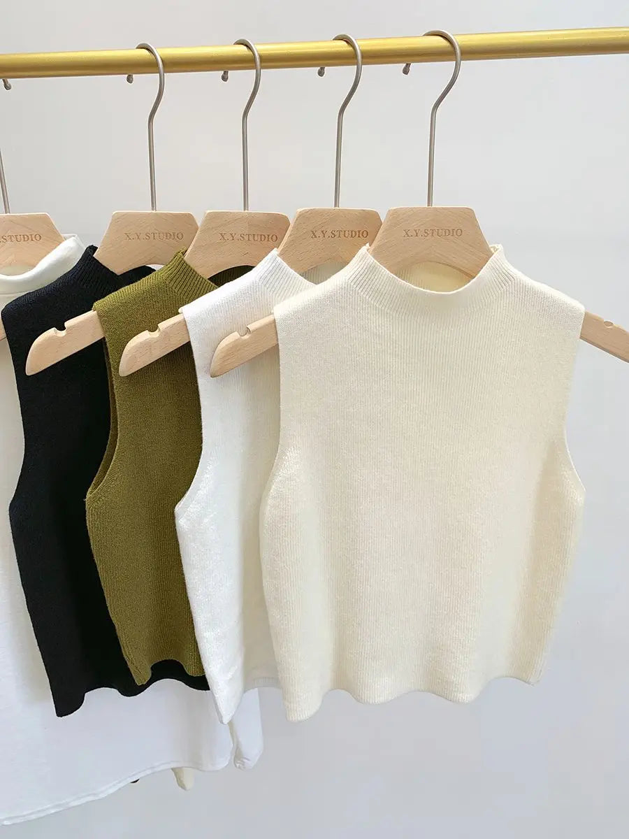 Spring Autumn Temperament Knitted Sweater Vest Women's Half-turtleneck Camisole Cropped Top Sleeveless Tank Top