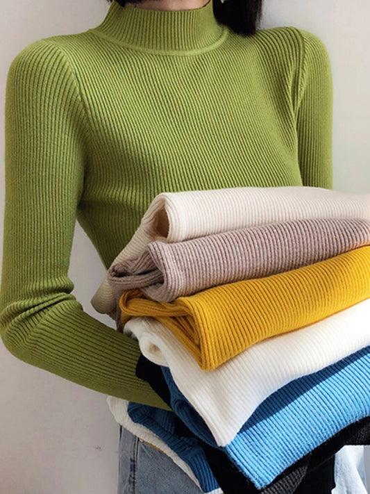Tops Autumn Winter Mock Neck Women Sweater Vintage