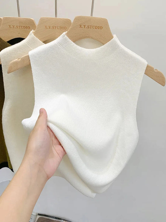 Spring Autumn Temperament Knitted Sweater Vest Women's Half-turtleneck Camisole Cropped Top Sleeveless Tank Top