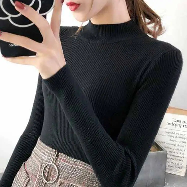 Tops Autumn Winter Mock Neck Women Sweater Vintage