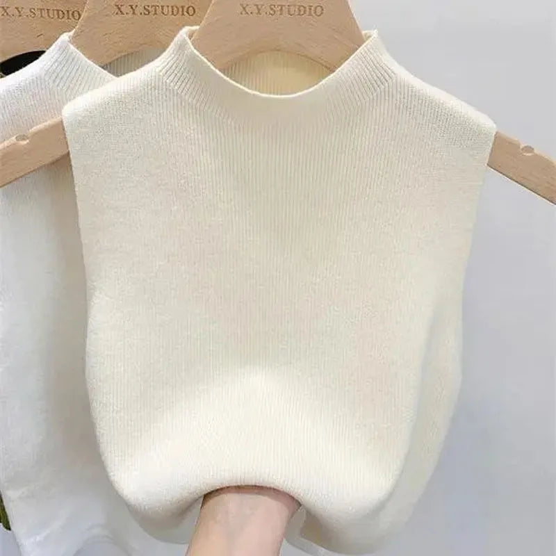 Spring Autumn Temperament Knitted Sweater Vest Women's Half-turtleneck Camisole Cropped Top Sleeveless Tank Top
