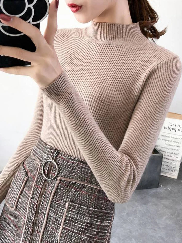 Tops Autumn Winter Mock Neck Women Sweater Vintage